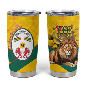 Happy Togo Independence Day Tumbler Cup Lion With Coat Of Arms - Kente Pattern