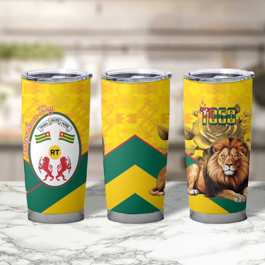 Happy Togo Independence Day Tumbler Cup Lion With Coat Of Arms - Kente Pattern