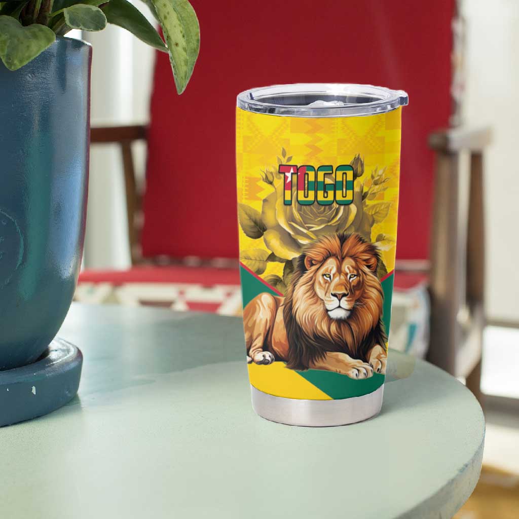 Happy Togo Independence Day Tumbler Cup Lion With Coat Of Arms - Kente Pattern