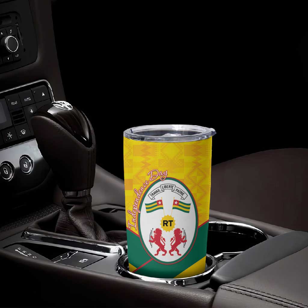 Happy Togo Independence Day Tumbler Cup Lion With Coat Of Arms - Kente Pattern