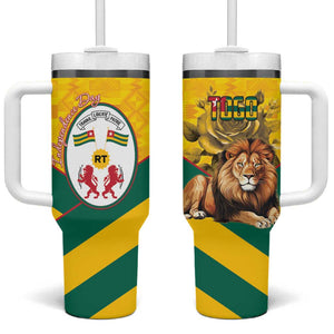 Happy Togo Independence Day Tumbler With Handle Lion With Coat Of Arms - Kente Pattern