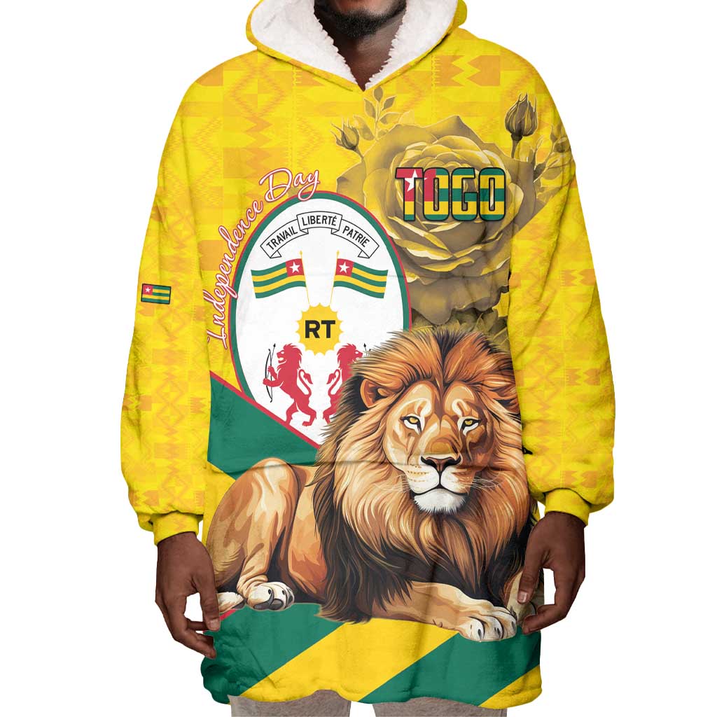 Happy Togo Independence Day Wearable Blanket Hoodie Lion With Coat Of Arms - Kente Pattern