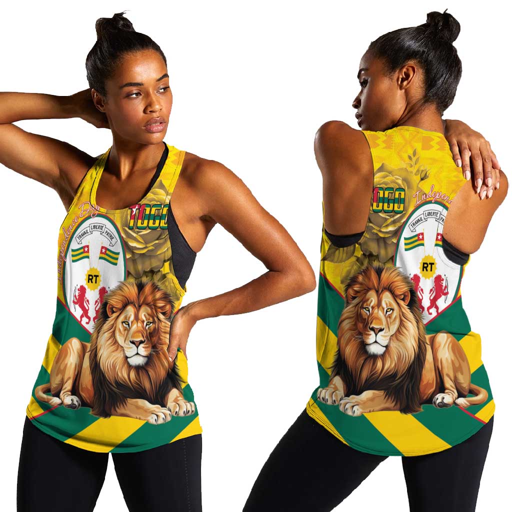 Happy Togo Independence Day Women Racerback Tank Lion With Coat Of Arms - Kente Pattern