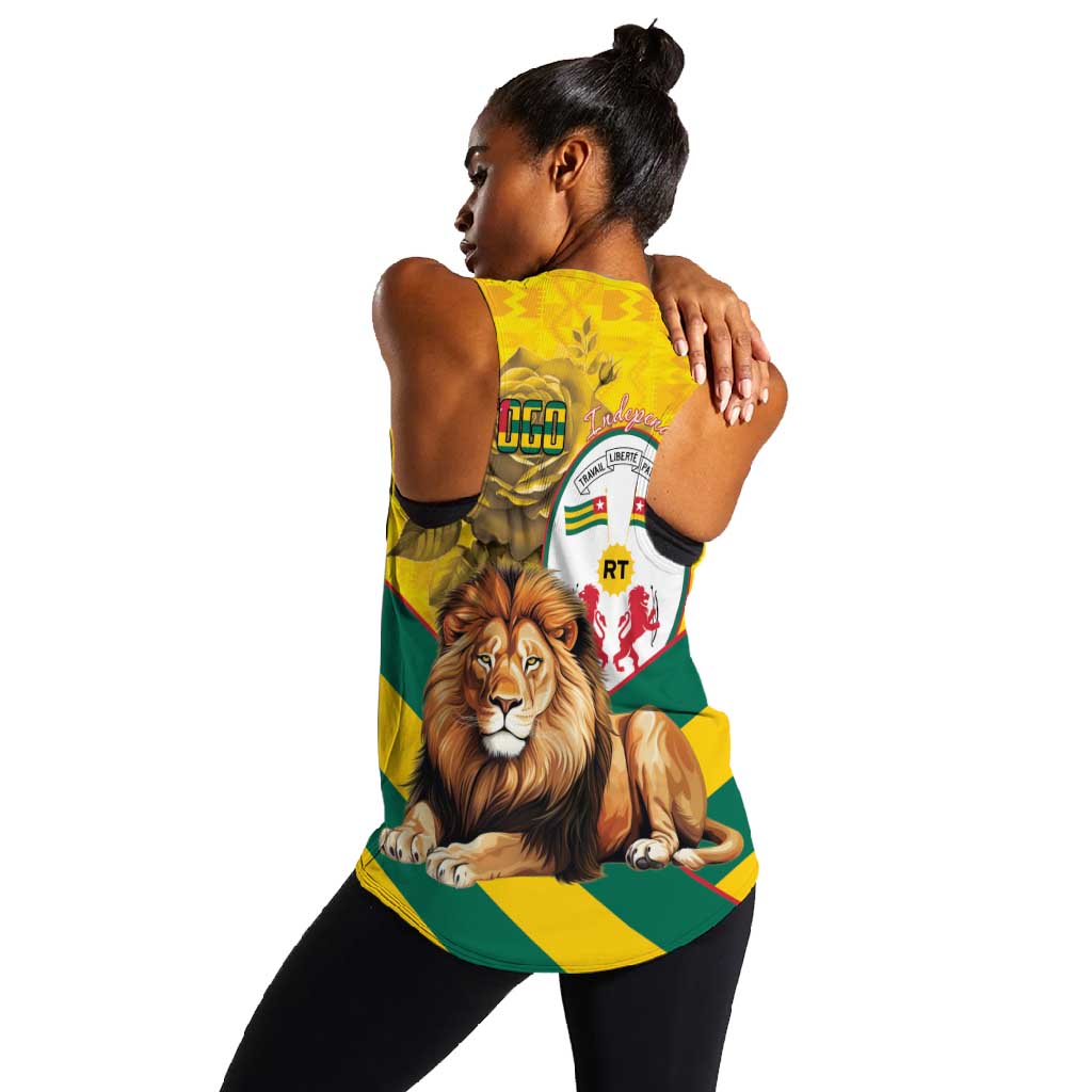 Happy Togo Independence Day Women Racerback Tank Lion With Coat Of Arms - Kente Pattern