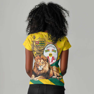 Happy Togo Independence Day Women V-Neck T-Shirt Lion With Coat Of Arms - Kente Pattern