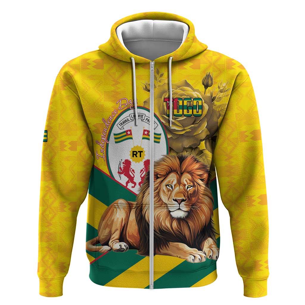 Happy Togo Independence Day Zip Hoodie Lion With Coat Of Arms - Kente Pattern