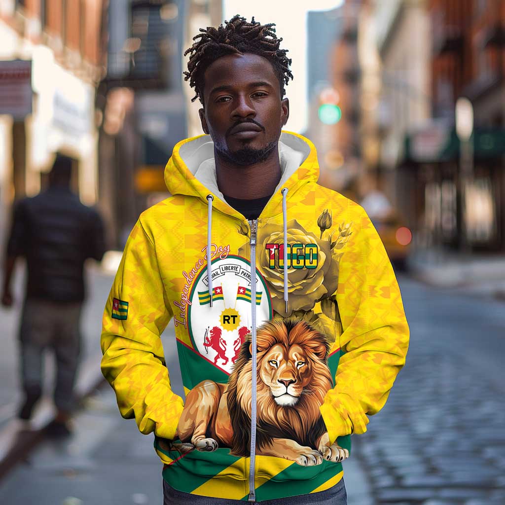 Happy Togo Independence Day Zip Hoodie Lion With Coat Of Arms - Kente Pattern