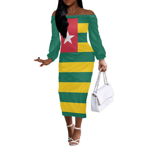 Togolese Independence Day Off The Shoulder Long Sleeve Dress Flag Style
