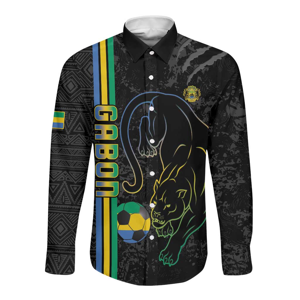 Custom Gabon Football Long Sleeve Button Shirt Go Champions - Black Ver