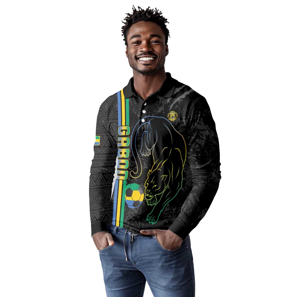 Custom Gabon Football Long Sleeve Polo Shirt Go Champions - Black Ver