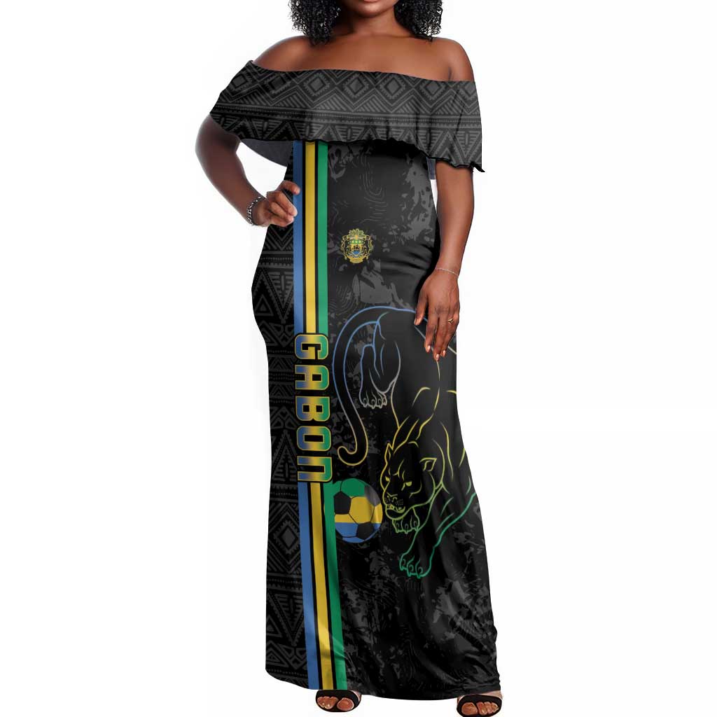 Custom Gabon Football Off Shoulder Maxi Dress Go Champions - Black Ver