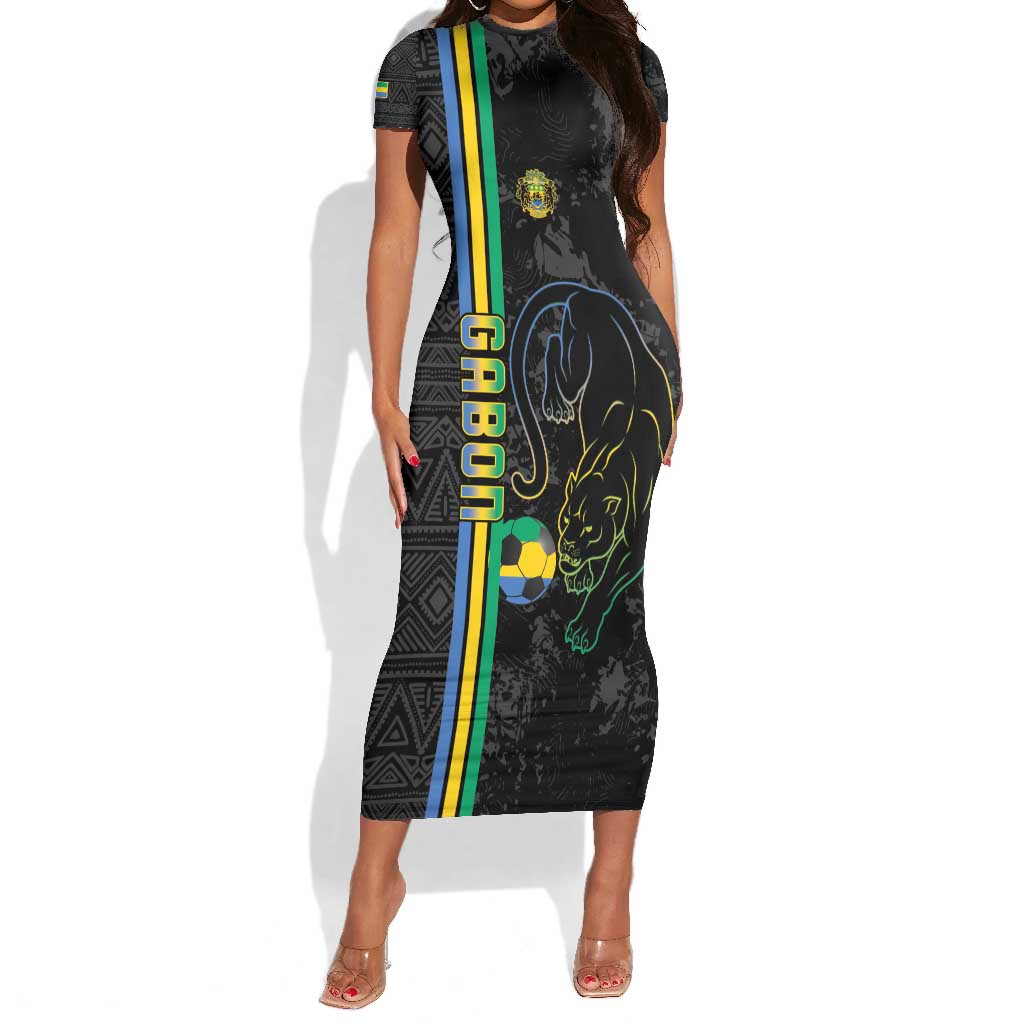 Custom Gabon Football Short Sleeve Bodycon Dress Go Champions - Black Ver LT15