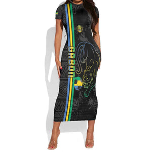 Custom Gabon Football Short Sleeve Bodycon Dress Go Champions - Black Ver LT15