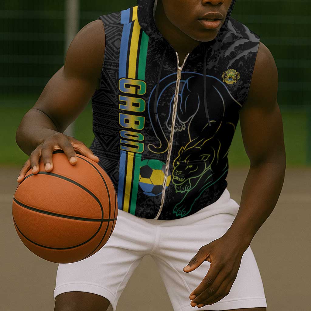 Custom Gabon Football Sleeveless Zip Hoodie Go Champions - Black Ver - African Pride