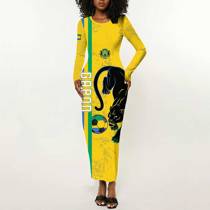 Custom Gabon Football Long Sleeve Bodycon Dress Go Champions - Yellow Ver LT15