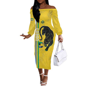 Custom Gabon Football Off The Shoulder Long Sleeve Dress Go Champions - Yellow Ver