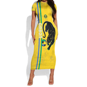 Custom Gabon Football Short Sleeve Bodycon Dress Go Champions - Yellow Ver LT15