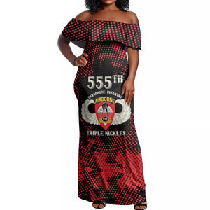 Personalized 555th Parachute Infantry Off Shoulder Maxi Dress Triple Nickles Airborne Veteran Tribute
