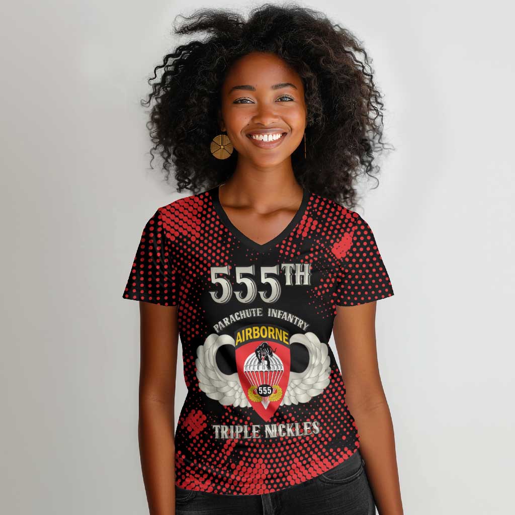 Personalized 555th Parachute Infantry Women V-Neck T-Shirt Triple Nickles Airborne Veteran Tribute