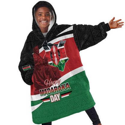 Kenya Madaraka Day Kid Wearable Blanket Hoodie Jomo Kenyatta With Map