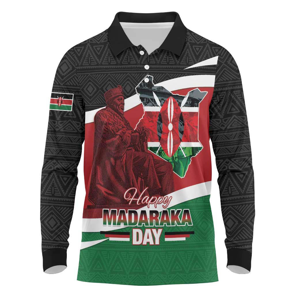 Kenya Madaraka Day Long Sleeve Polo Shirt Jomo Kenyatta With Map