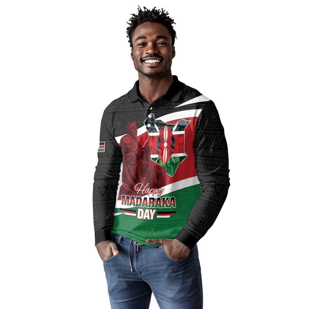 Kenya Madaraka Day Long Sleeve Polo Shirt Jomo Kenyatta With Map