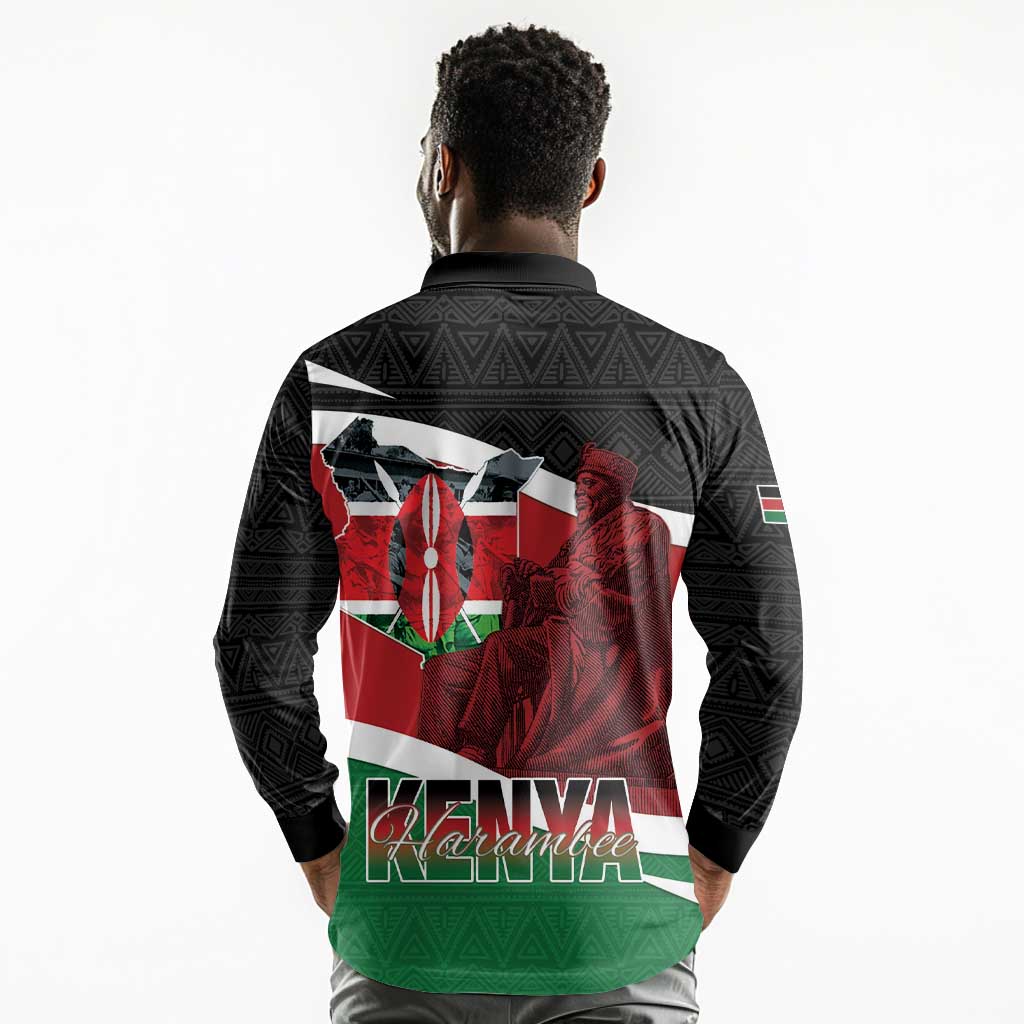 Kenya Madaraka Day Long Sleeve Polo Shirt Jomo Kenyatta With Map