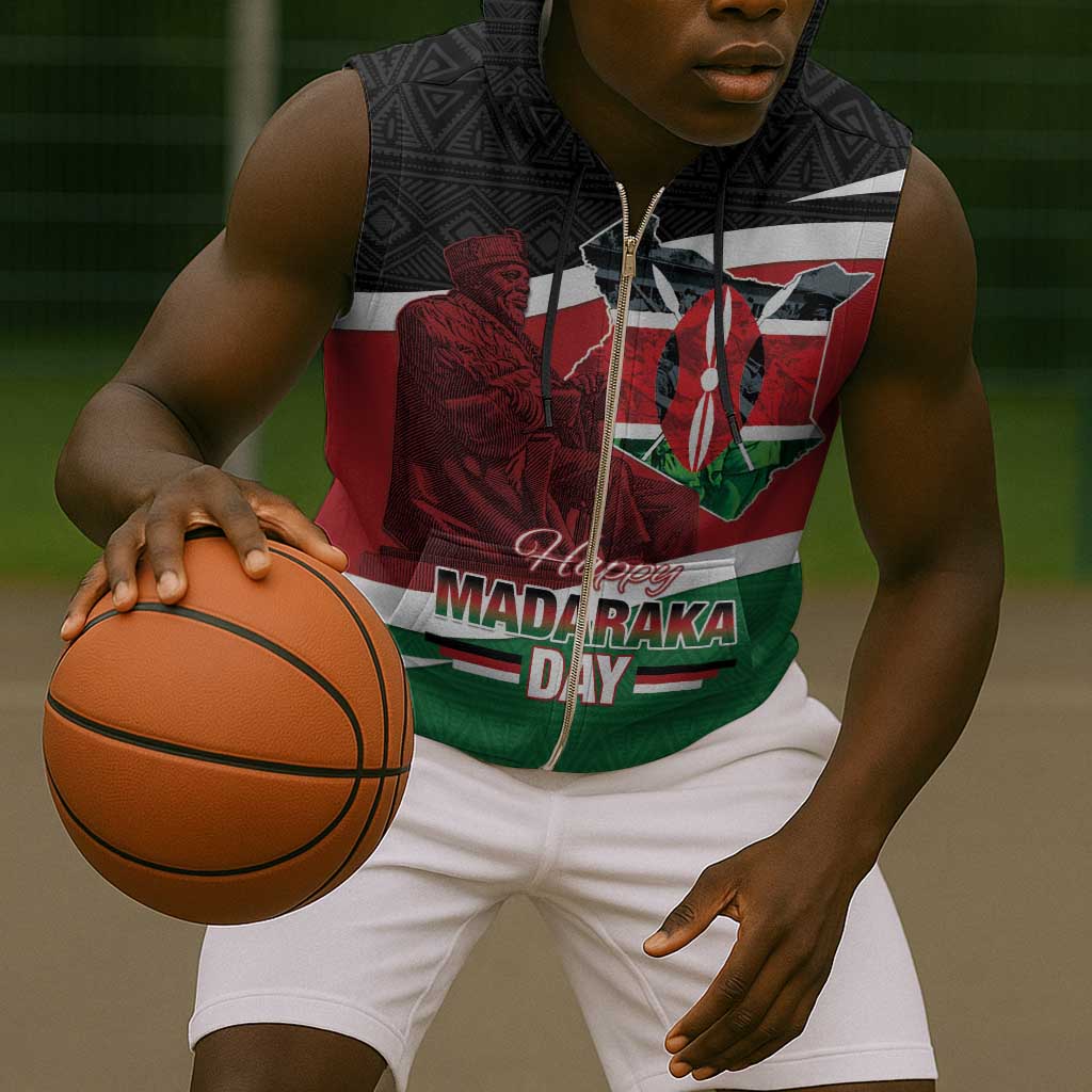 Kenya Madaraka Day Sleeveless Zip Hoodie Jomo Kenyatta With Map - African Pride