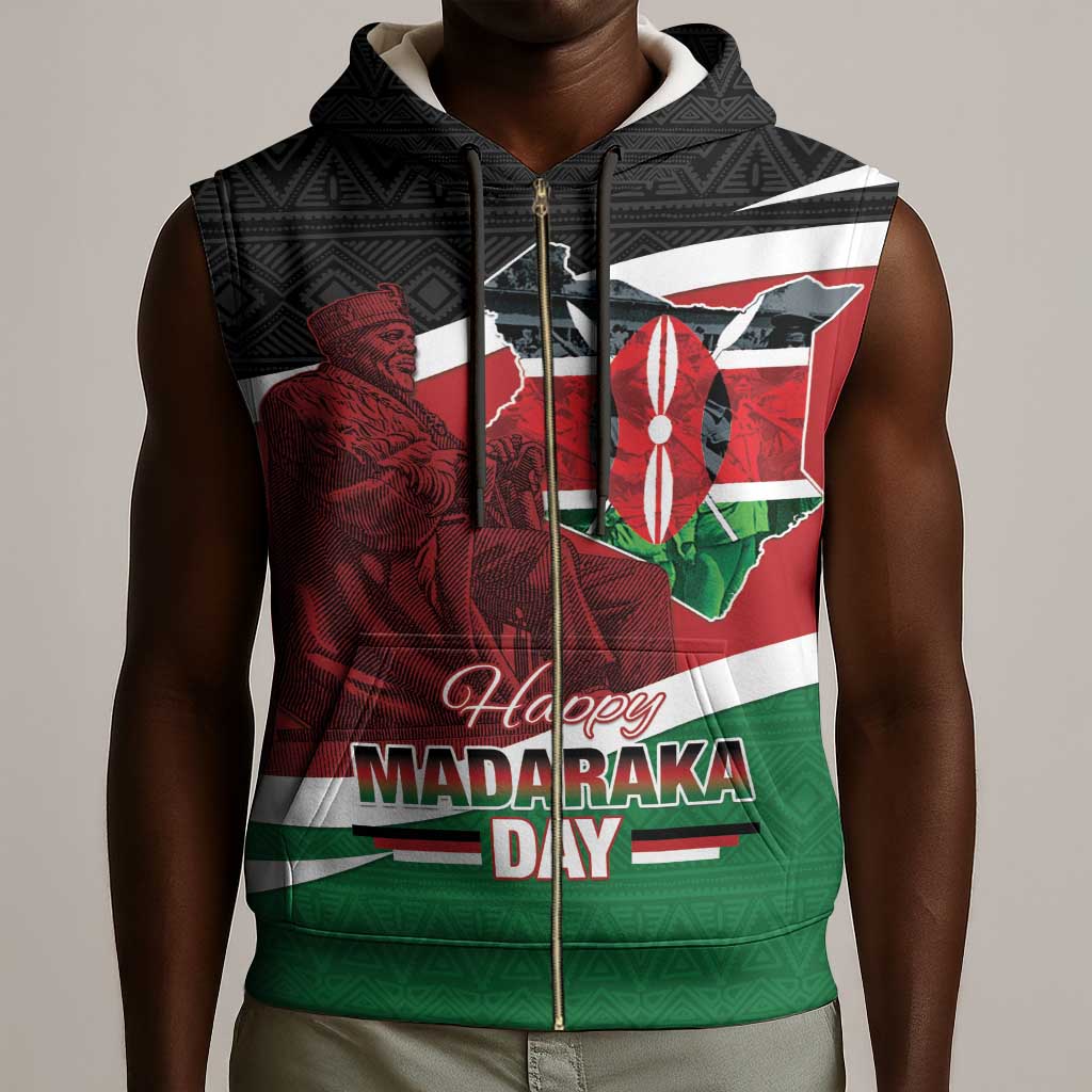 Kenya Madaraka Day Sleeveless Zip Hoodie Jomo Kenyatta With Map - African Pride