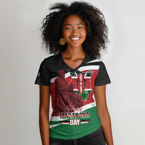 Kenya Madaraka Day Women V-Neck T-Shirt Jomo Kenyatta With Map