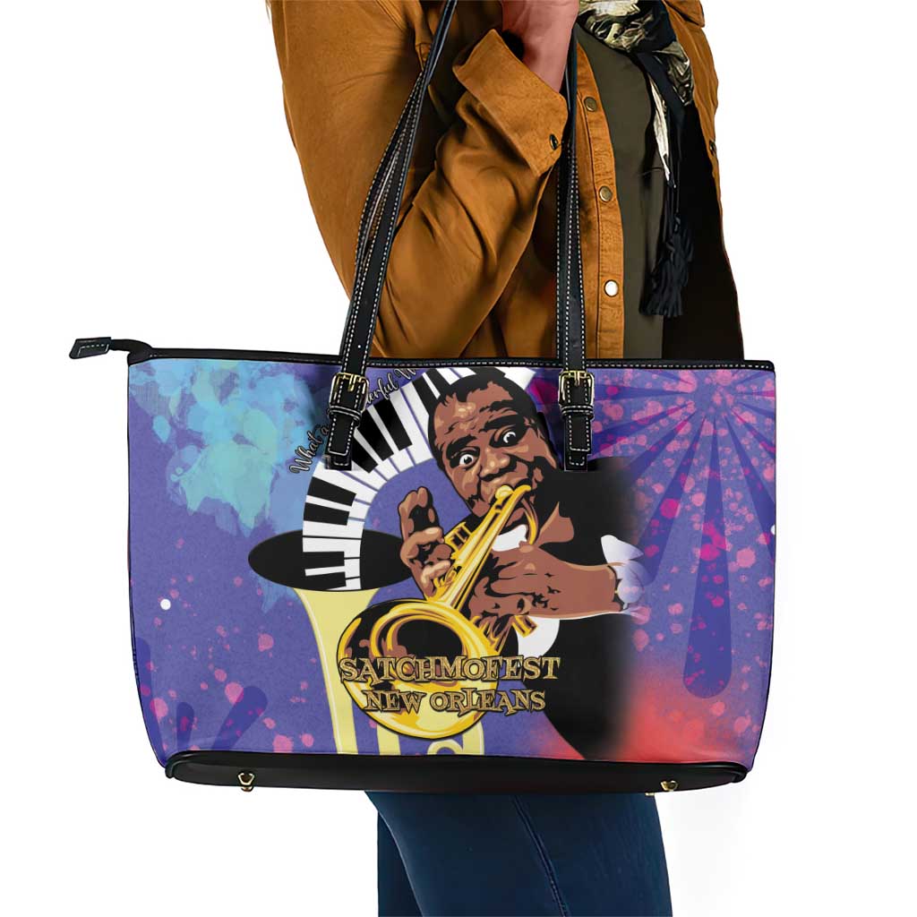 Satchmofest What a Wonderful World Leather Tote Bag King Of Jazz SummerFest - African Pride