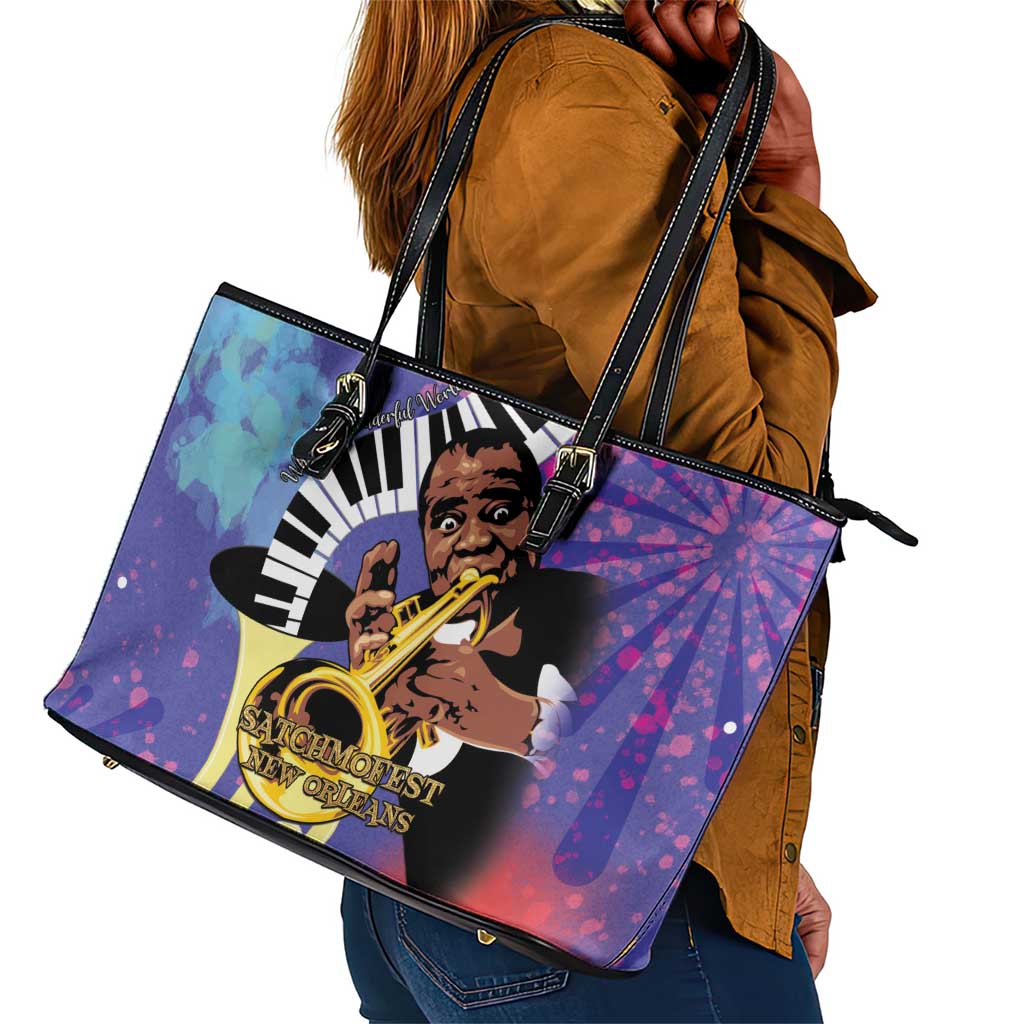 Satchmofest What a Wonderful World Leather Tote Bag King Of Jazz SummerFest - African Pride