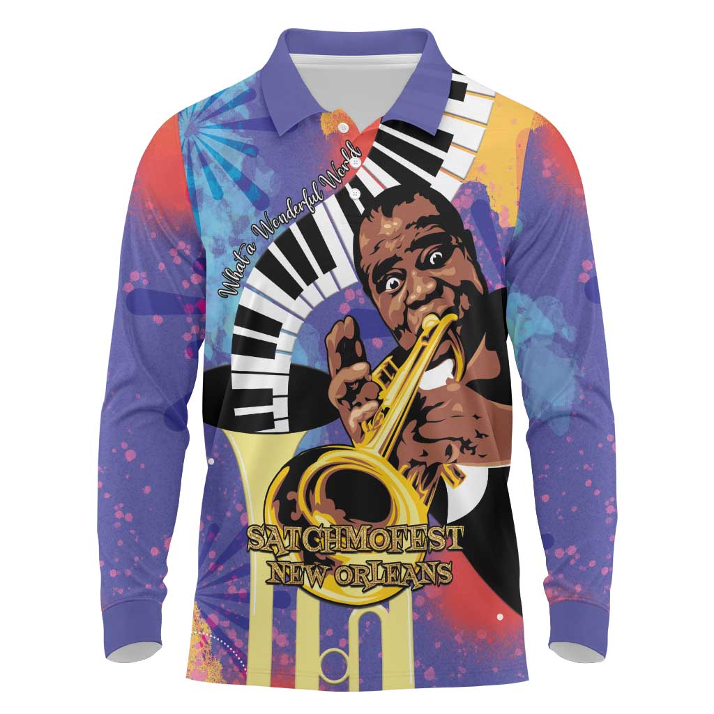 Satchmofest What a Wonderful World Long Sleeve Polo Shirt King Of Jazz SummerFest - African Pride