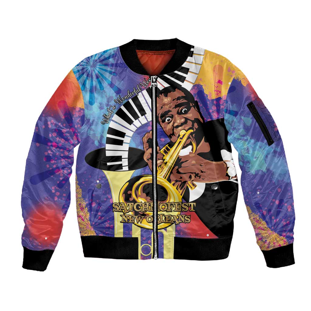 Satchmofest What a Wonderful World Sleeve Zip Bomber Jacket King Of Jazz SummerFest - African Pride