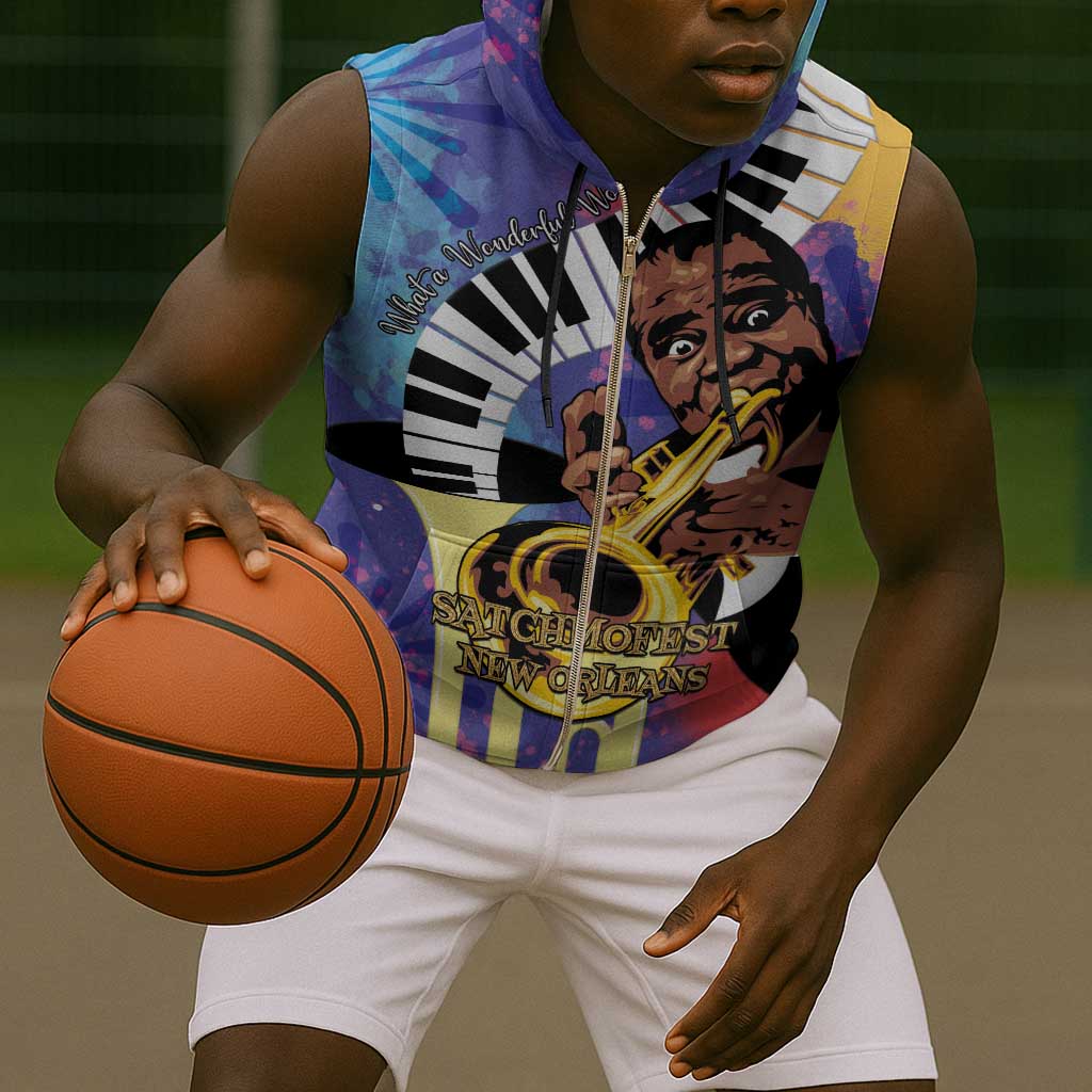 Satchmofest What a Wonderful World Sleeveless Zip Hoodie King Of Jazz SummerFest - African Pride