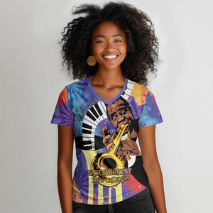 Satchmofest What a Wonderful World Women V-Neck T-Shirt King Of Jazz SummerFest - African Pride