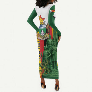 Personalized Zimbabwe Heroes' Day Long Sleeve Bodycon Dress Nyika yeZimbabwe Monument - Coat Of Arms - African Pride