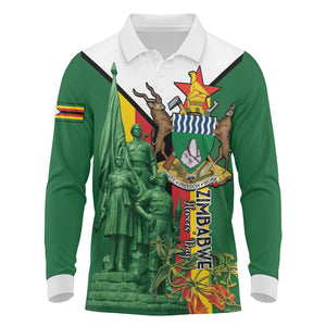 Personalized Zimbabwe Heroes' Day Long Sleeve Polo Shirt Nyika yeZimbabwe Monument - Coat Of Arms - African Pride
