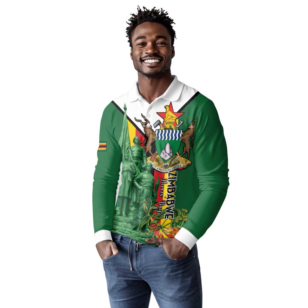 Personalized Zimbabwe Heroes' Day Long Sleeve Polo Shirt Nyika yeZimbabwe Monument - Coat Of Arms - African Pride