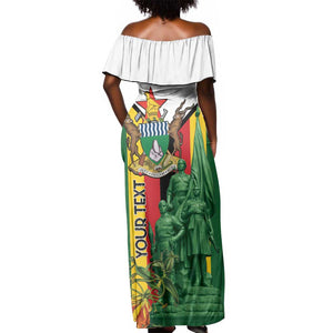 Personalized Zimbabwe Heroes' Day Off Shoulder Maxi Dress Nyika yeZimbabwe Monument - Coat Of Arms - African Pride