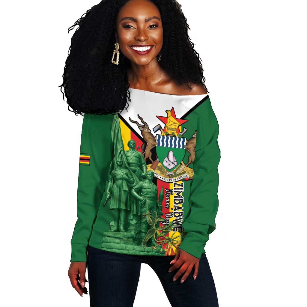 Personalized Zimbabwe Heroes' Day Off Shoulder Sweater Nyika yeZimbabwe Monument - Coat Of Arms - African Pride
