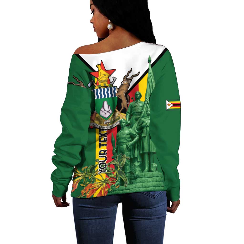 Personalized Zimbabwe Heroes' Day Off Shoulder Sweater Nyika yeZimbabwe Monument - Coat Of Arms - African Pride