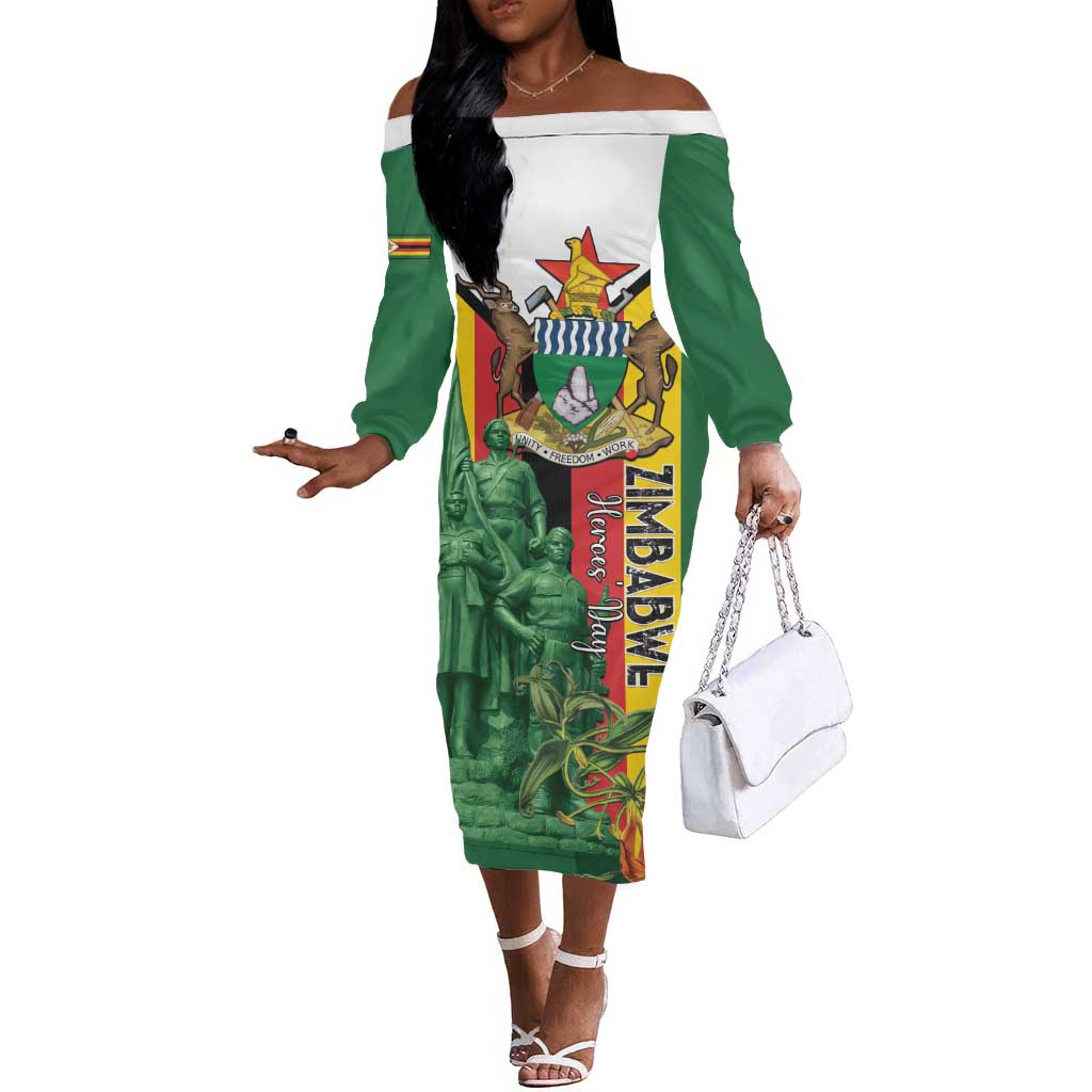 Personalized Zimbabwe Heroes' Day Off The Shoulder Long Sleeve Dress Nyika yeZimbabwe Monument - Coat Of Arms - African Pride