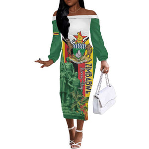 Personalized Zimbabwe Heroes' Day Off The Shoulder Long Sleeve Dress Nyika yeZimbabwe Monument - Coat Of Arms - African Pride