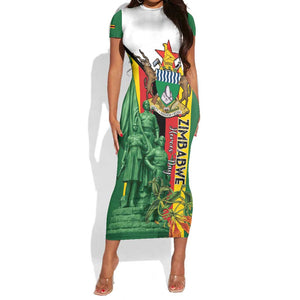 Personalized Zimbabwe Heroes' Day Short Sleeve Bodycon Dress Nyika yeZimbabwe Monument - Coat Of Arms - African Pride