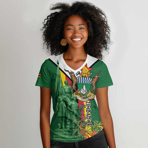 Personalized Zimbabwe Heroes' Day Women V-Neck T-Shirt Nyika yeZimbabwe Monument - Coat Of Arms - African Pride