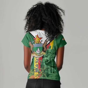 Personalized Zimbabwe Heroes' Day Women V-Neck T-Shirt Nyika yeZimbabwe Monument - Coat Of Arms - African Pride
