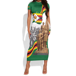 Happy Heroes Day Zimbabwe Short Sleeve Bodycon Dress Unity Freedom Work - African Pride