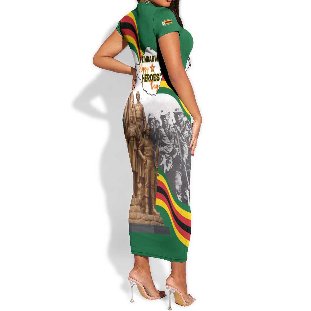 Happy Heroes Day Zimbabwe Short Sleeve Bodycon Dress Unity Freedom Work - African Pride
