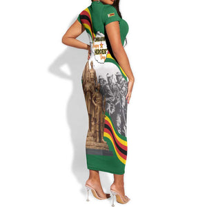 Happy Heroes Day Zimbabwe Short Sleeve Bodycon Dress Unity Freedom Work - African Pride